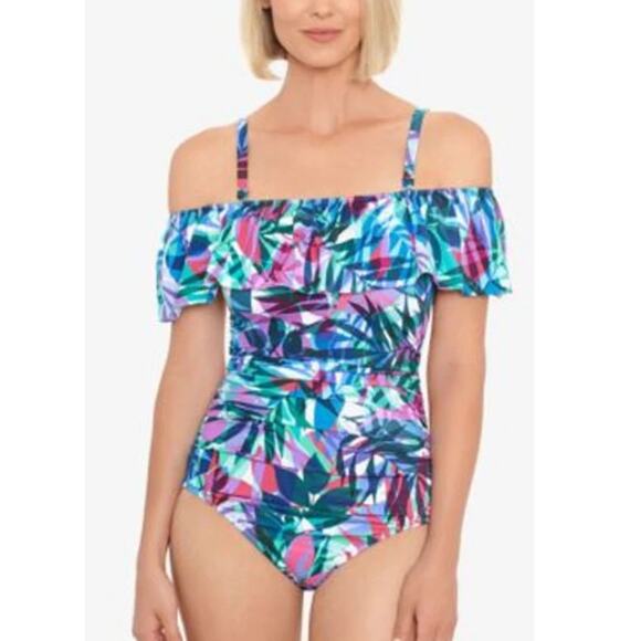 Swim Solutions Waist Minimizer Off the Shoulder One Piece Swimsuit Women's 16 - Picture 10 of 11